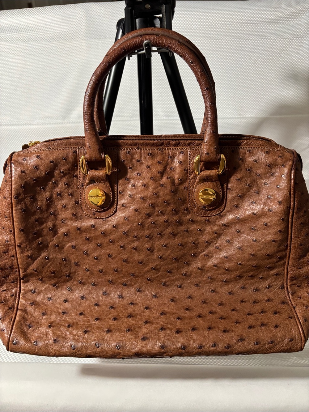Borbonese Redwall Women’s Textured Brown Ostrich-Effect Satchel made in Italy